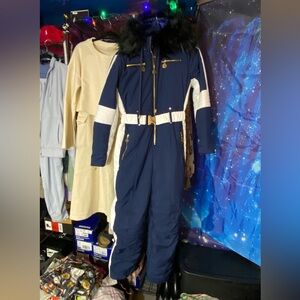 Navy Snowsuit with Fur Trim and Gold Accents